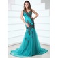 Mermaid V-neck Court Train Tulle Prom Dress With Ruffle Appliques (018017355)