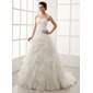 Ball-Gown Sweetheart Chapel Train Organza Satin Wedding Dress With Ruffle Crystal Brooch (002011547)
