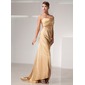 Sheath One-Shoulder Court Train Charmeuse Evening Dress With Ruffle (017014438)