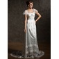 Sheath/Column Square Neckline Court Train Tulle Charmeuse Wedding Dress With Lace Beadwork Crystal Brooch (002012089)