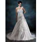 A-Line/Princess One-Shoulder Chapel Train Organza Satin Wedding Dress With Ruffle Lace Beadwork Flower(s) (002004545) A-Line/Princess One-Shoulder Chapel Train Organza Satin Wedding Dress With Ruffle Lace Beadwork Flower(s) (002004545)