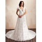 A-Line/Princess Square Neckline Watteau Train Chiffon Lace Wedding Dress With Ruffle Beadwork Flower(s) (002011929)