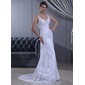 Sheath/Column V-neck Sweep Train Satin Lace Wedding Dress With Ruffle Beadwork (002011630) Sheath/Column V-neck Sweep Train Satin Lace Wedding Dress With Ruffle Beadwork (002011630)