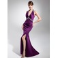 Sheath Halter Sweep Train Satin Evening Dress With Ruffle Beading Sequins (017014679)