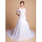 A-Line/Princess Off-the-Shoulder Court Train Organza Satin Wedding Dress With Lace Beadwork (002011512)