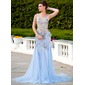 Mermaid Scoop Neck Court Train Tulle Charmeuse Prom Dress With Beading Appliques Flower(s) Sequins (018024584)