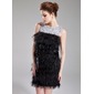 Sheath Scoop Neck Short/Mini Charmeuse Feather Cocktail Dress With Sash Beading Sequins (016008551)