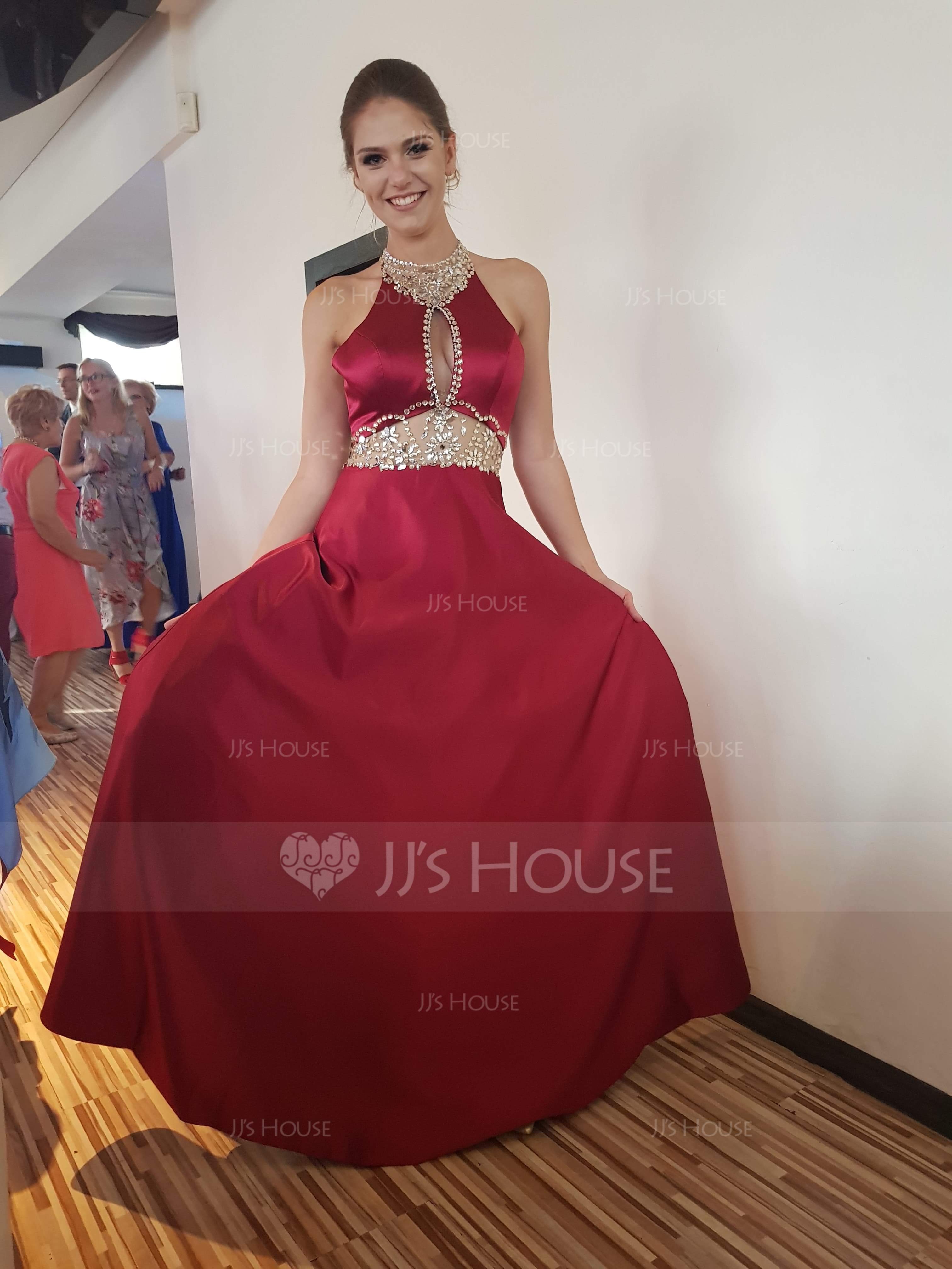 BallGown Scoop Neck FloorLength Satin Prom Dresses With Beading Sequins (018079092) Prom