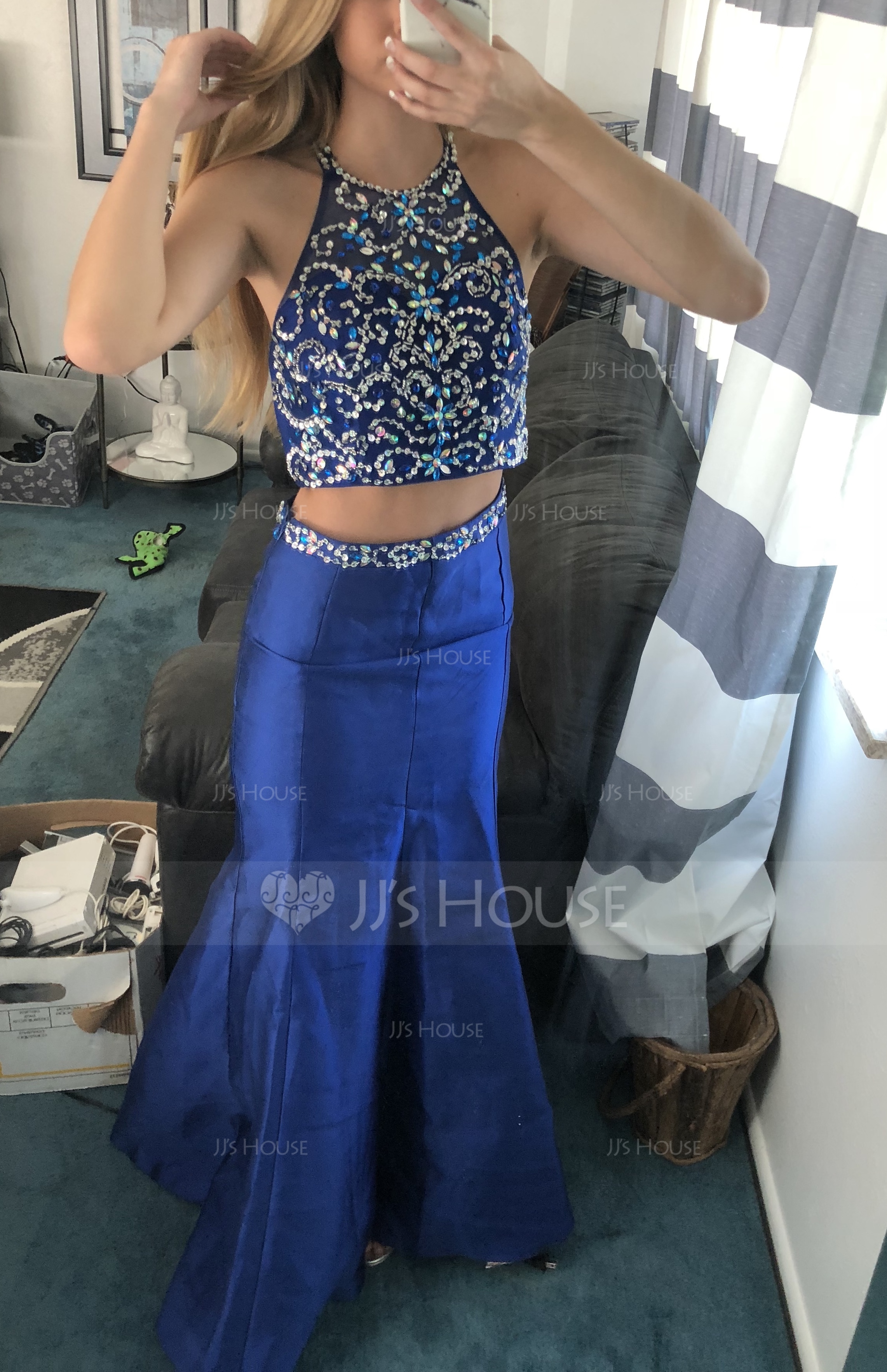 Trompete/Meerjungfrau-Linie U-Ausschnitt Bodenlang Satin Abiballkleid mit Perlstickerei Pailletten (018107794)