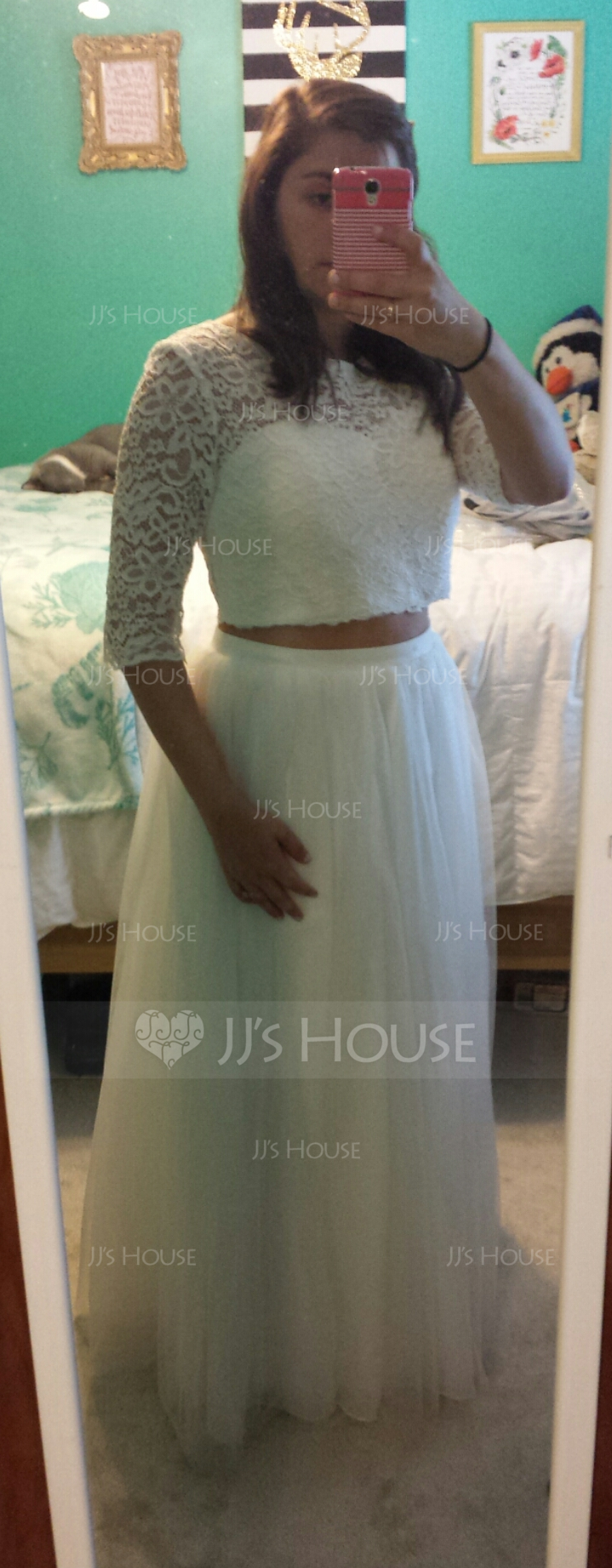 A-Linie/Princess-Linie U-Ausschnitt Bodenlang Tüll Brautkleid (002084734)