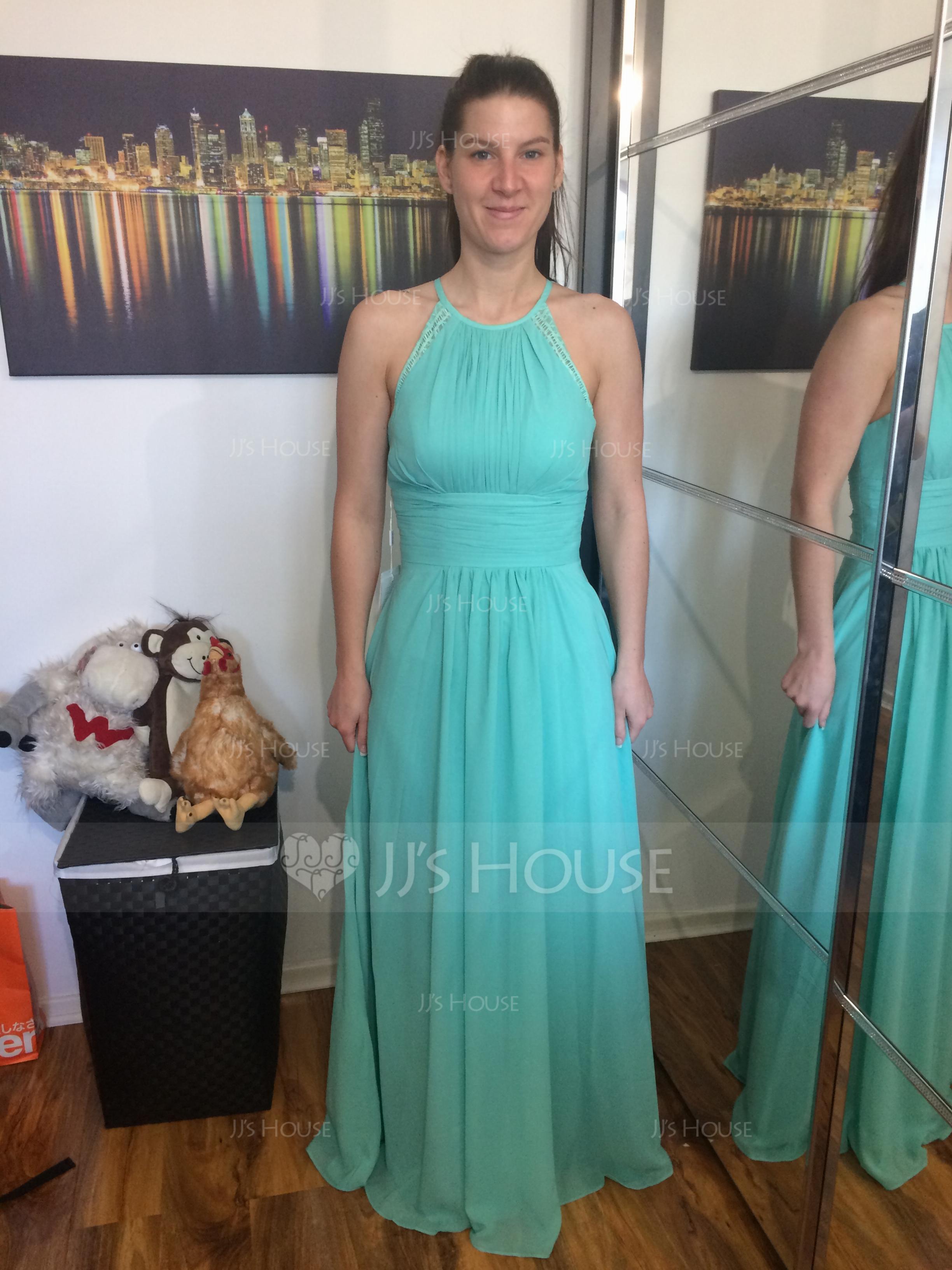 A-Linie/Princess-Linie Träger Bodenlang Chiffon Brautjungfernkleid mit Rüschen Spitze (007054347)
