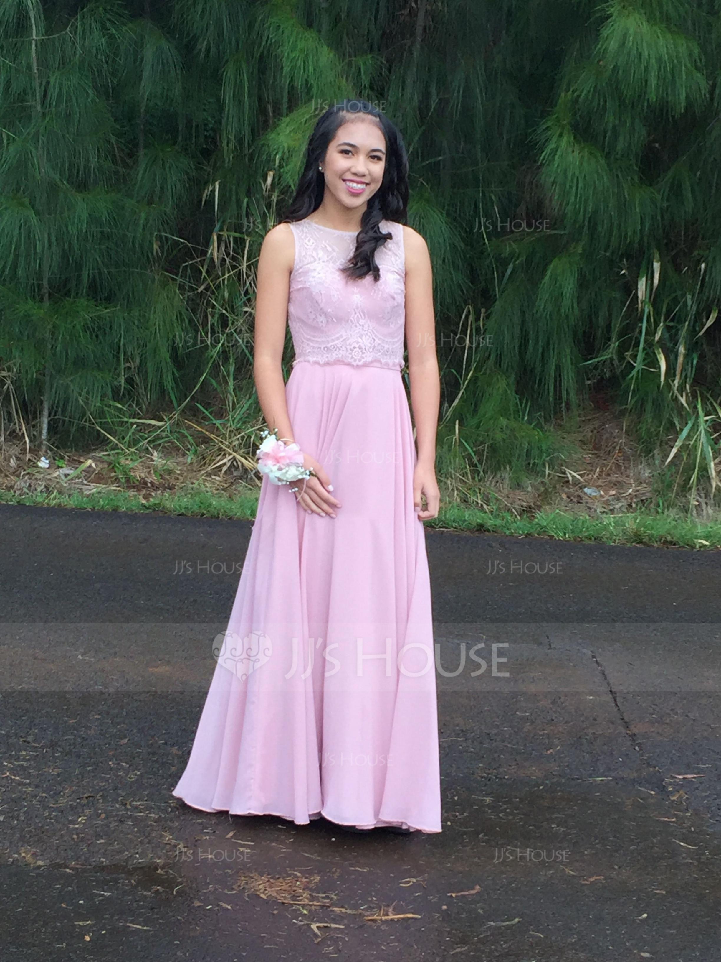 A-Linie/Princess-Linie U-Ausschnitt Bodenlang Chiffon Spitze Brautjungfernkleid (007104728)