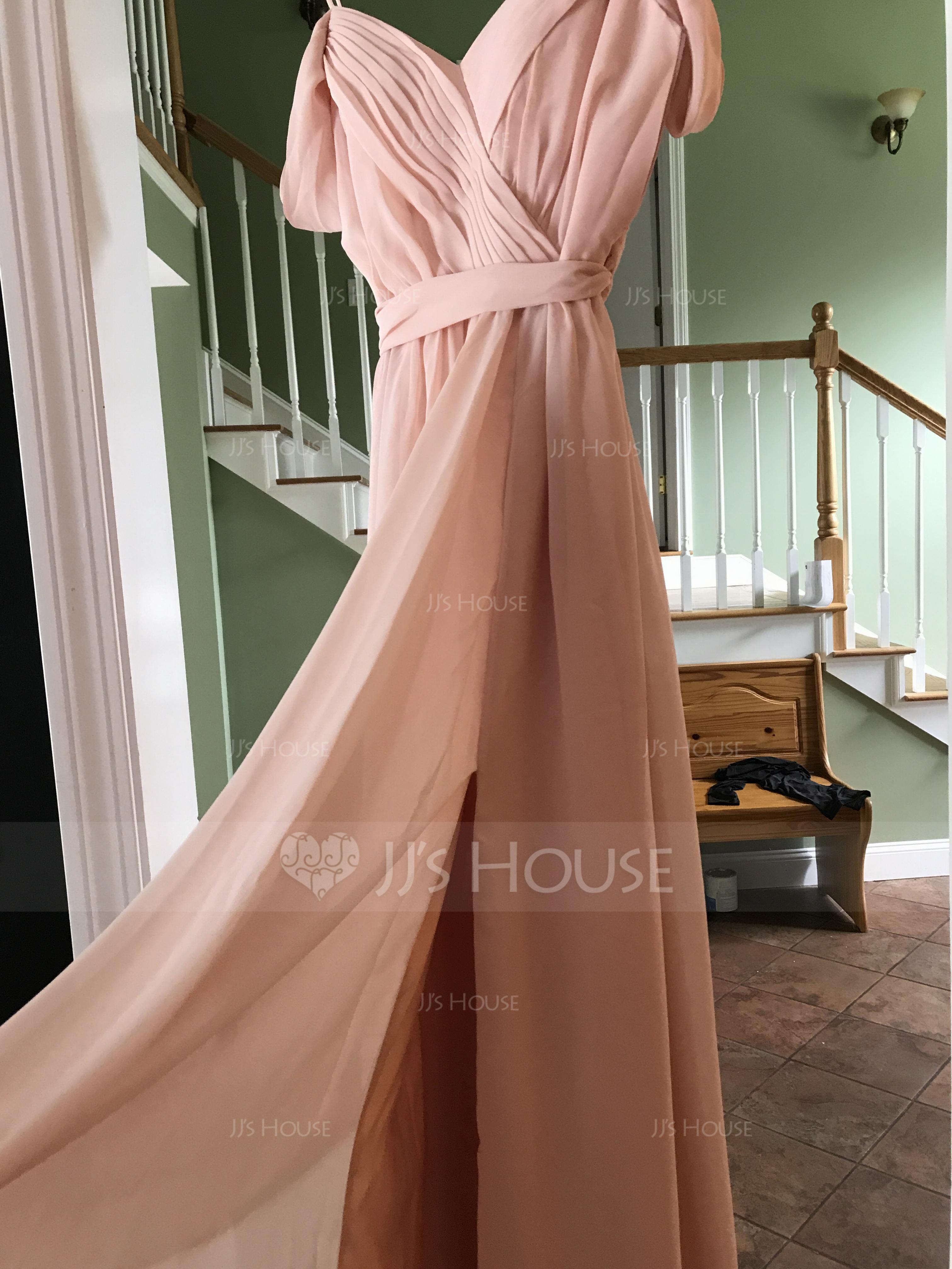 A-Linie V-Ausschnitt Bodenlang Chiffon Brautjungfernkleid mit Schleife(n) Schlitz Vorn Gestufte Rüschen (007104738)