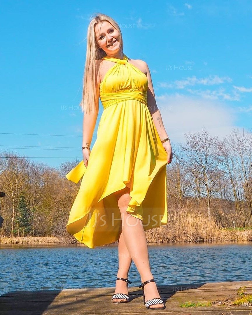 Chinlon mit Zerknittern/Einfarbig Asymmetrisch Kleid (199222591)
