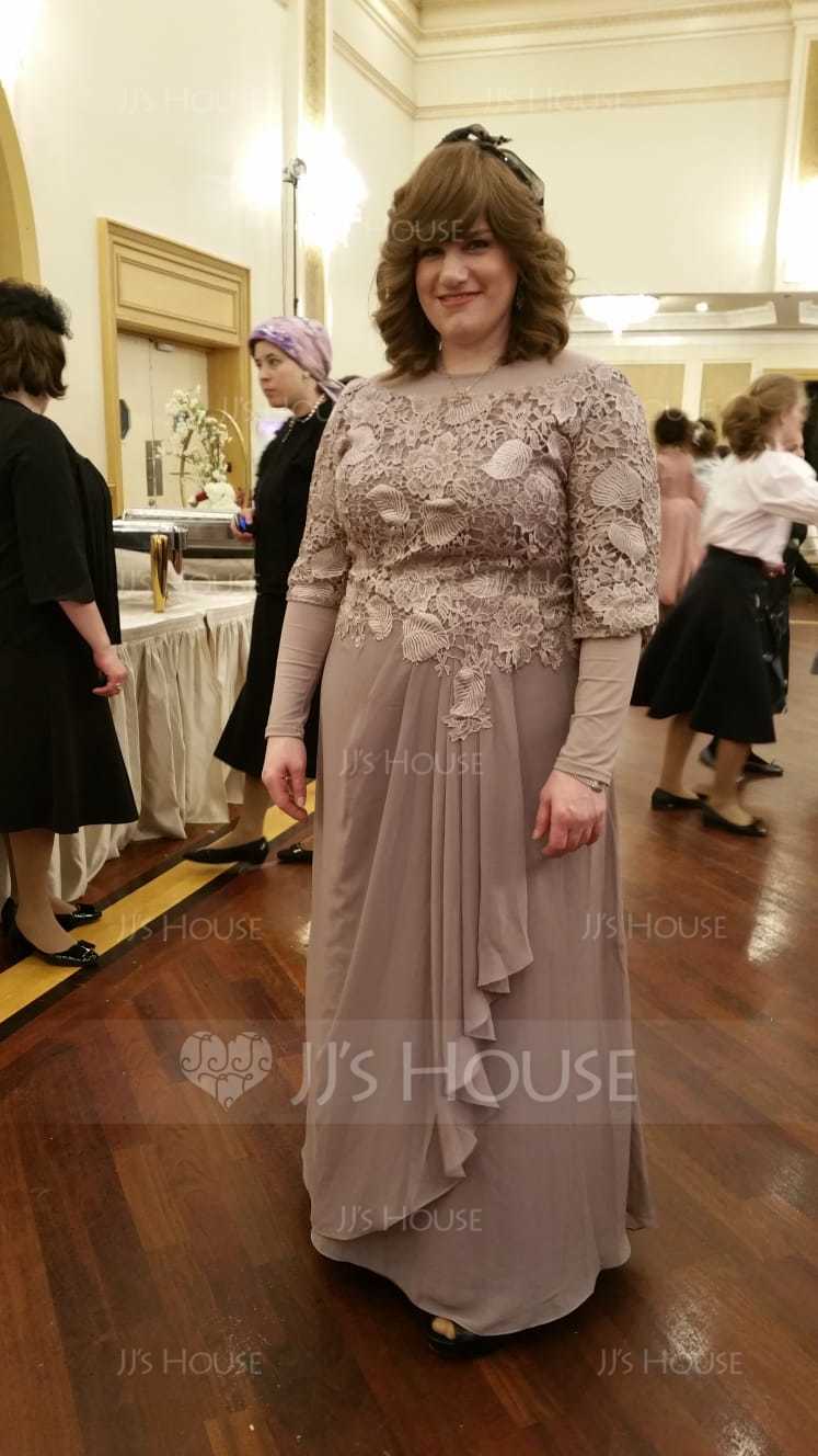 A-Linie U-Ausschnitt Bodenlang Chiffon Spitze Abendkleid mit Gestufte Rüschen (017144979)