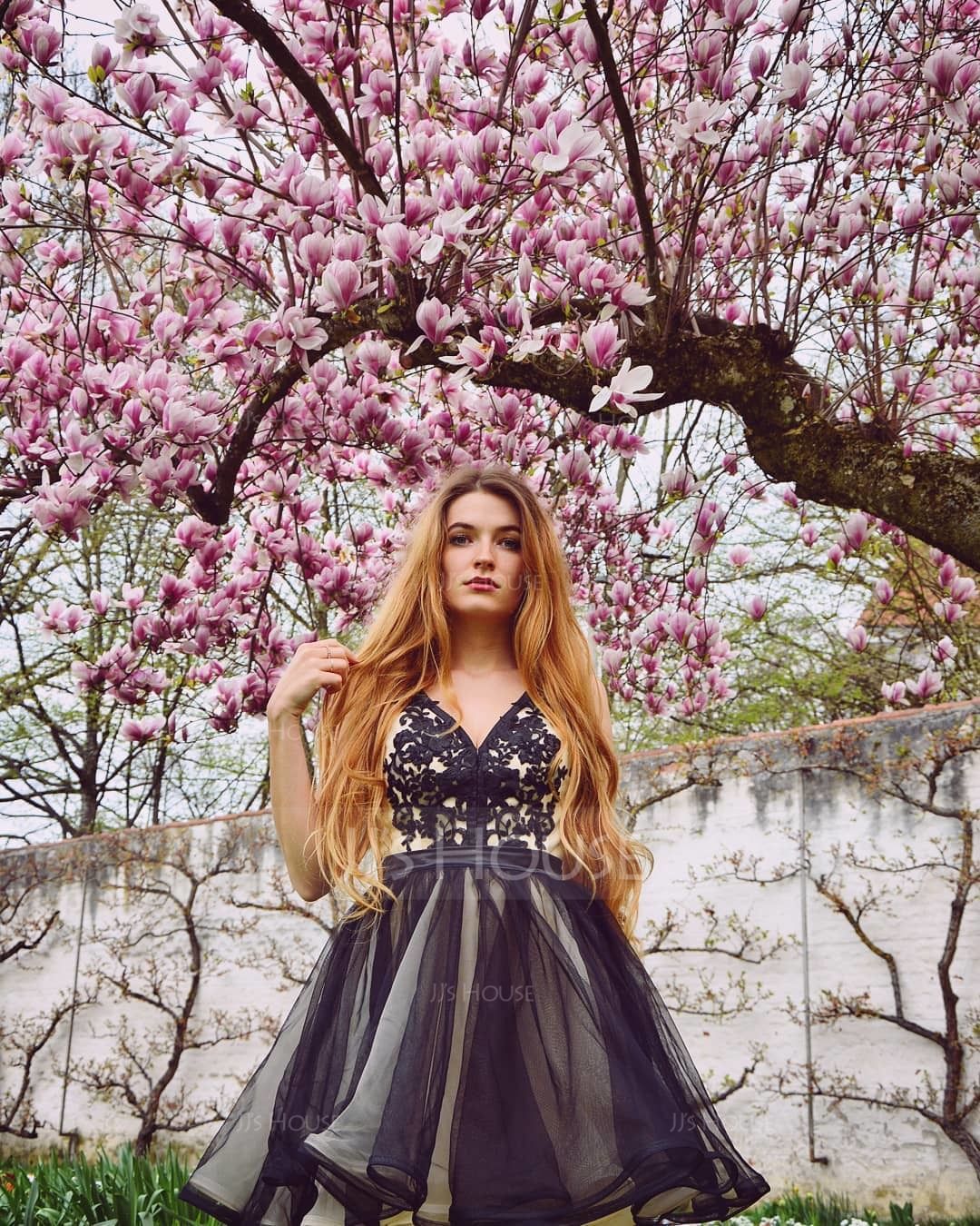 A-Line/Princess V-neck Short/Mini Tulle Homecoming Dress With Lace (022068058)