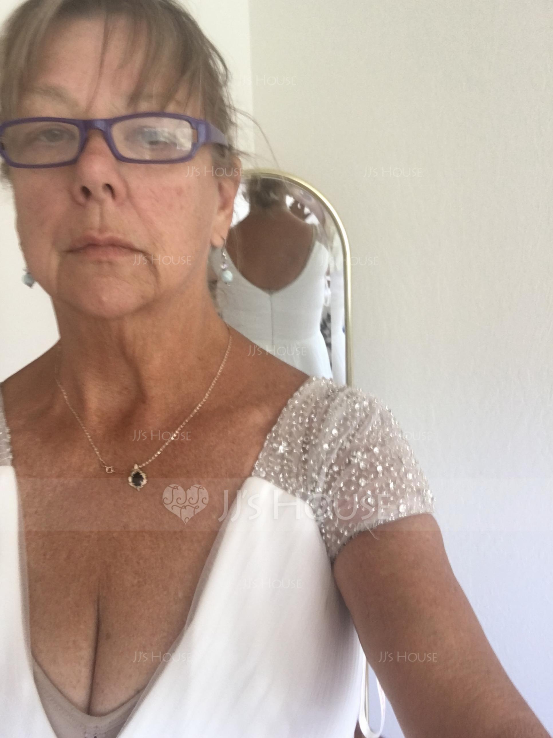 A-Linie V-Ausschnitt Asymmetrisch Tüll Brautkleid mit Rüschen Perlstickerei Pailletten (002081893)