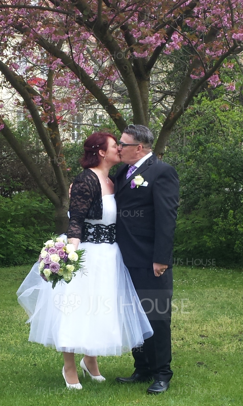 Duchesse-Linie Trägerlos Wadenlang Tüll Brautkleid mit Spitze Schleifenbänder/Stoffgürtel Perlstickerei Schleife(n) (002011609)