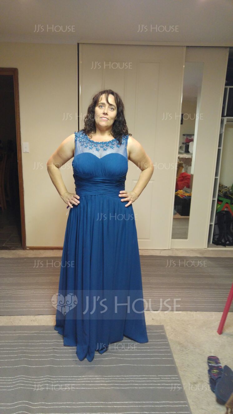 A-Linie U-Ausschnitt Bodenlang Chiffon Ballkleid mit Rüschen Perlstickerei Blumen (018056791)