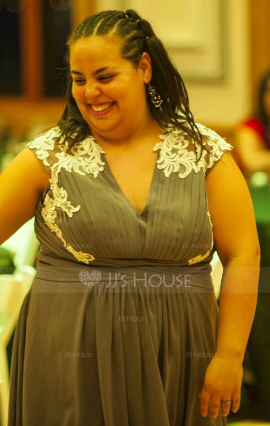 A-Linie/Princess-Linie V-Ausschnitt Bodenlang Chiffon Abendkleid mit Applikationen Spitze (017093494)