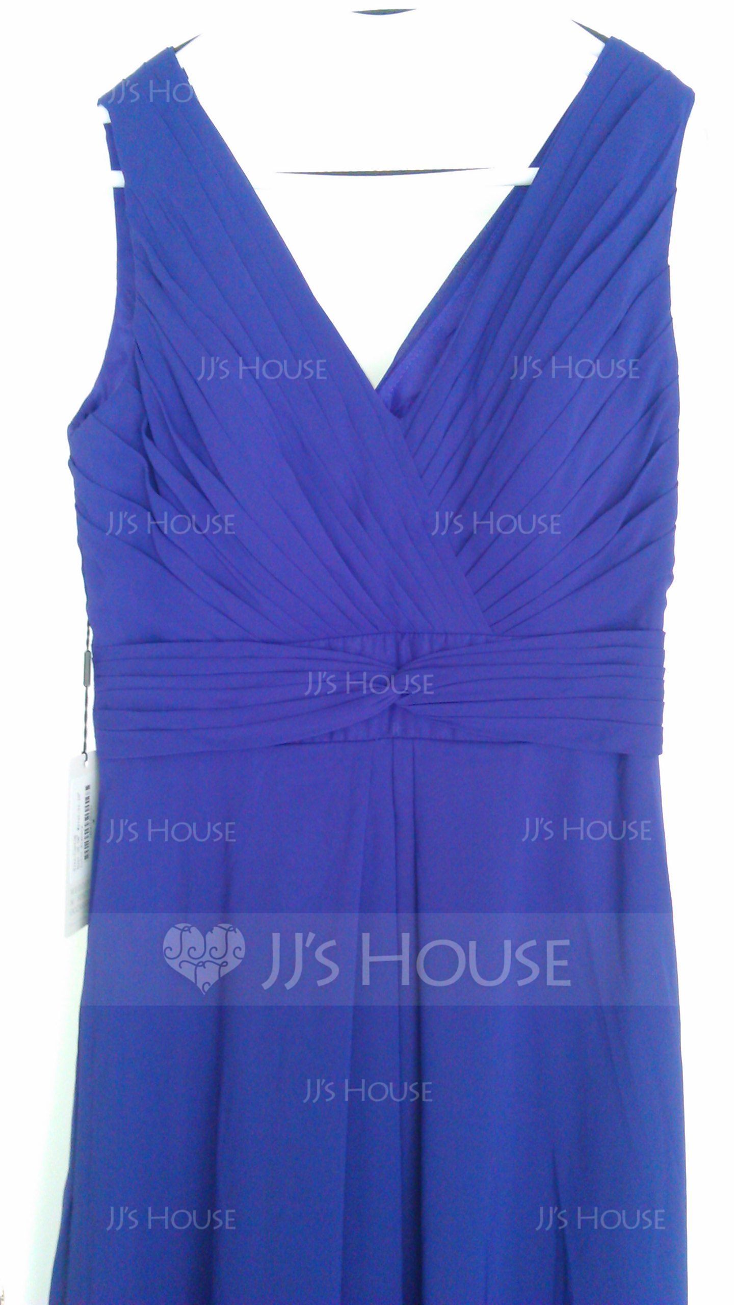 A-Linie V-Ausschnitt Bodenlang Chiffon Brautjungfernkleid mit Rüschen (007027160)