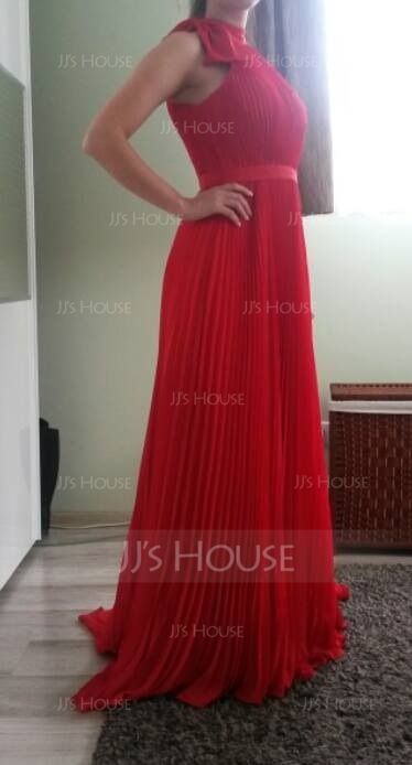 A-Line/Princess Scoop Neck Sweep Train Chiffon Evening Dress With Bow(s) Pleated (017042840)