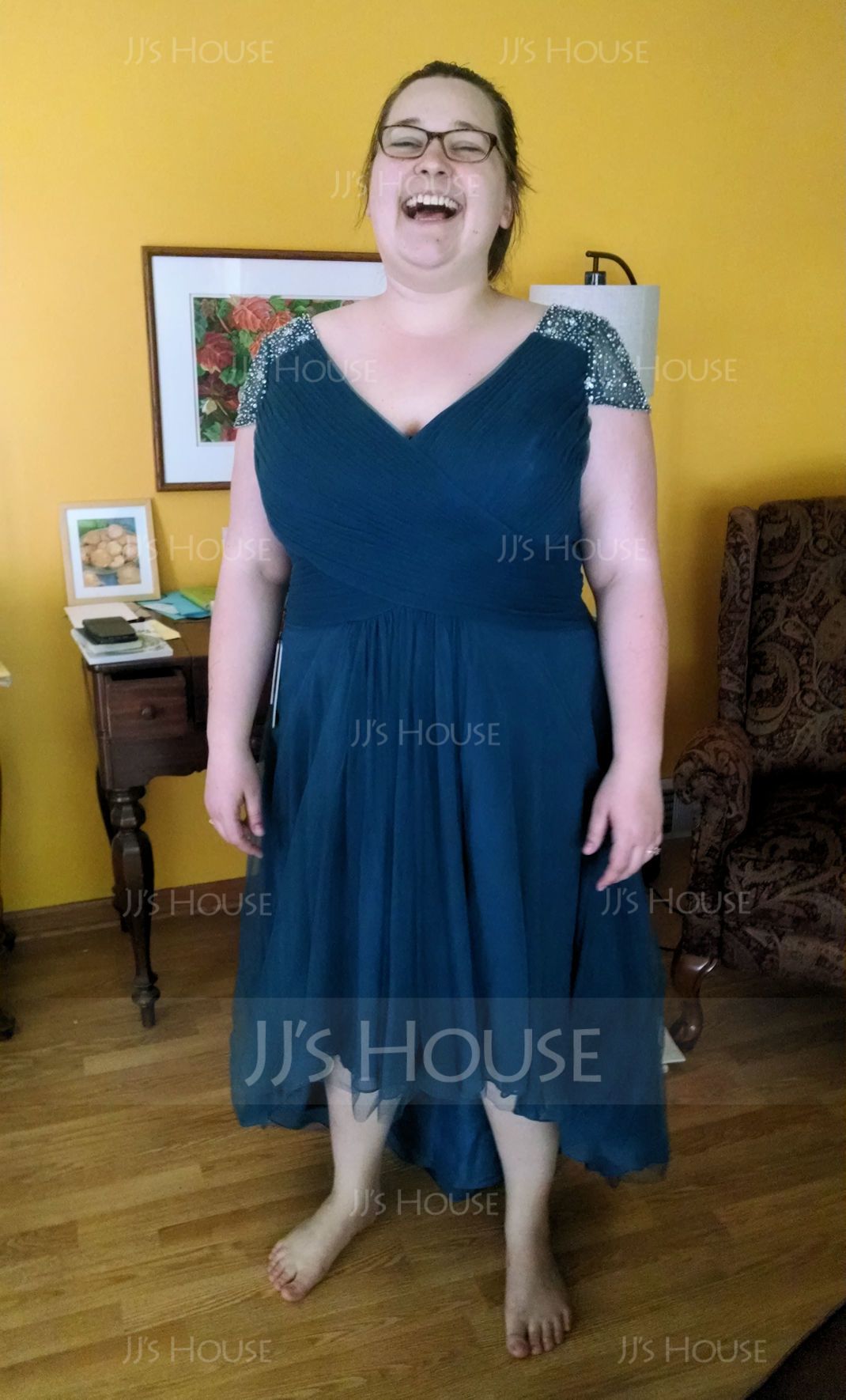 A-Line V-neck Asymmetrical Tulle Evening Dress With Ruffle Beading Sequins (017056519)