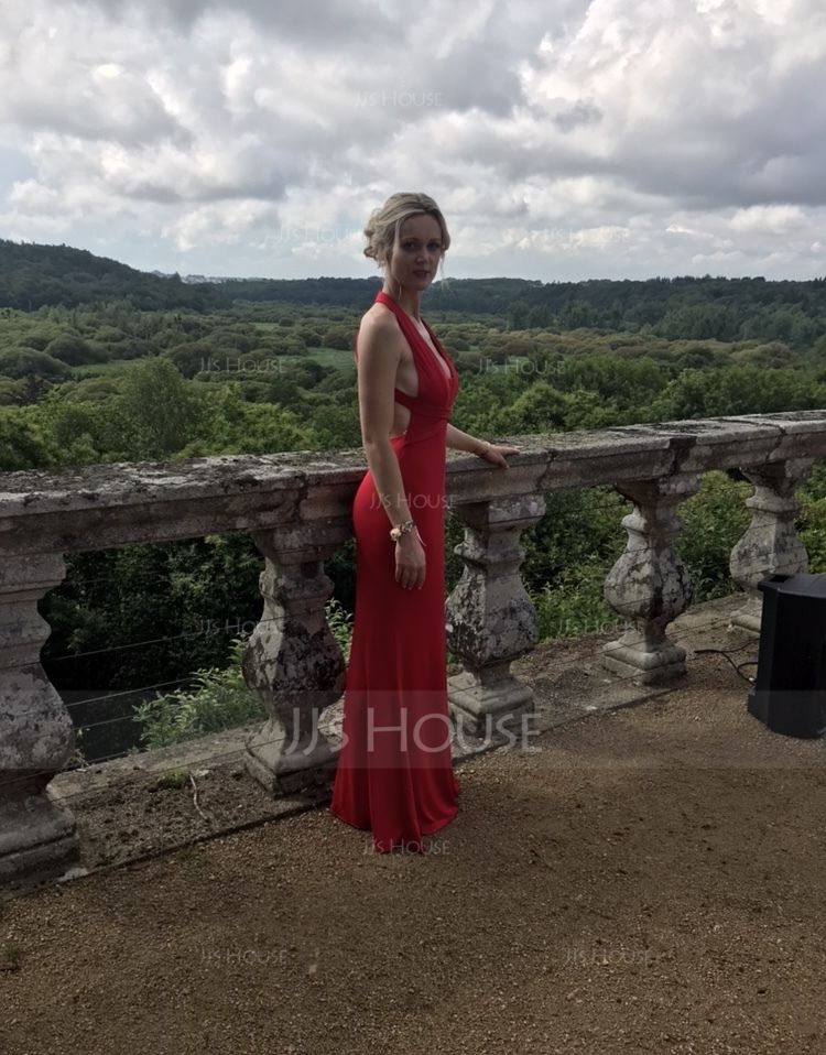 Trumpet/Mermaid V-neck Sweep Train Jersey Evening Dress (271194385)