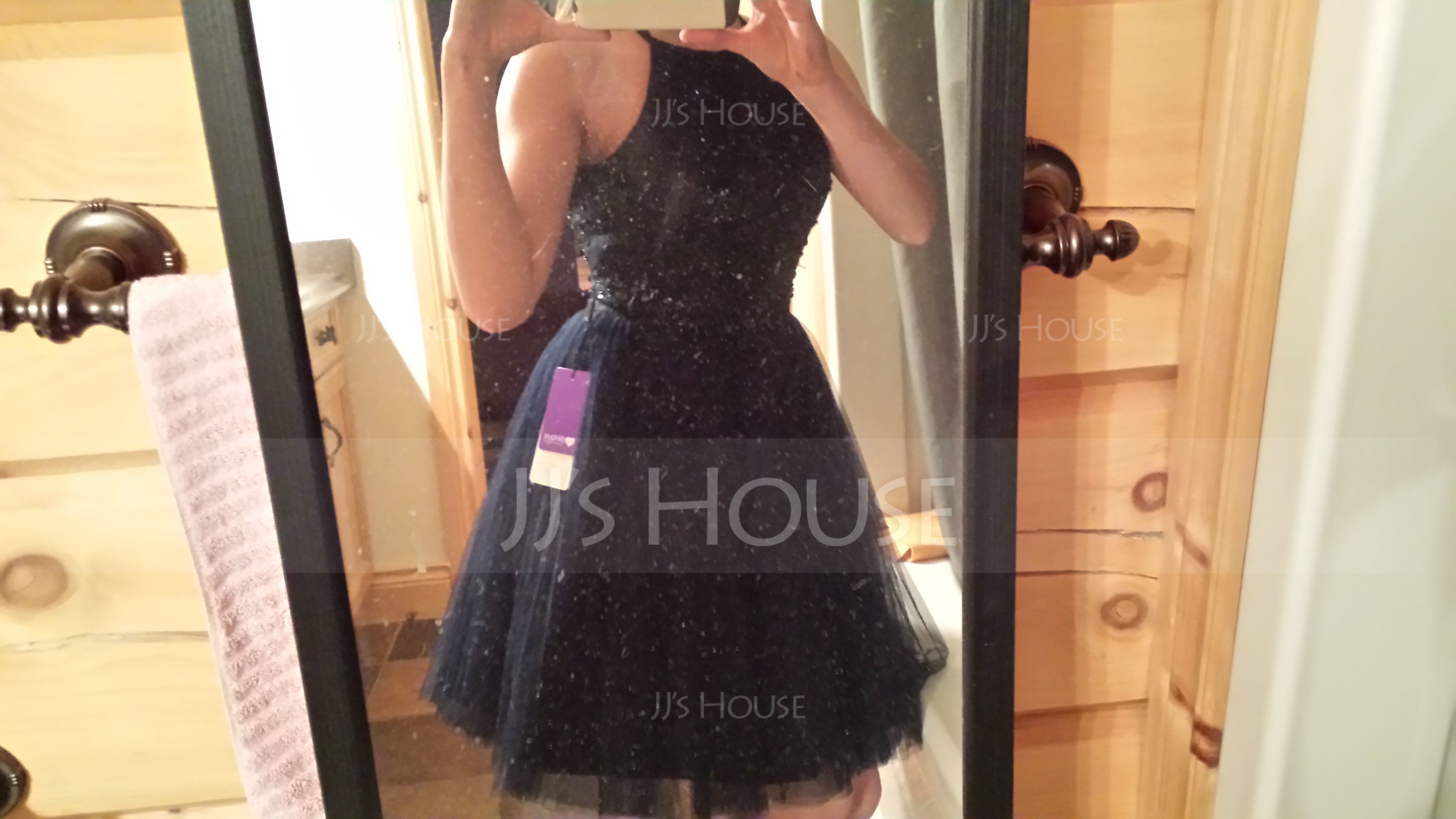 A-Line/Princess Scoop Neck Short/Mini Tulle Lace Homecoming Dress With Beading Sequins Bow(s) Pleated (022068044)
