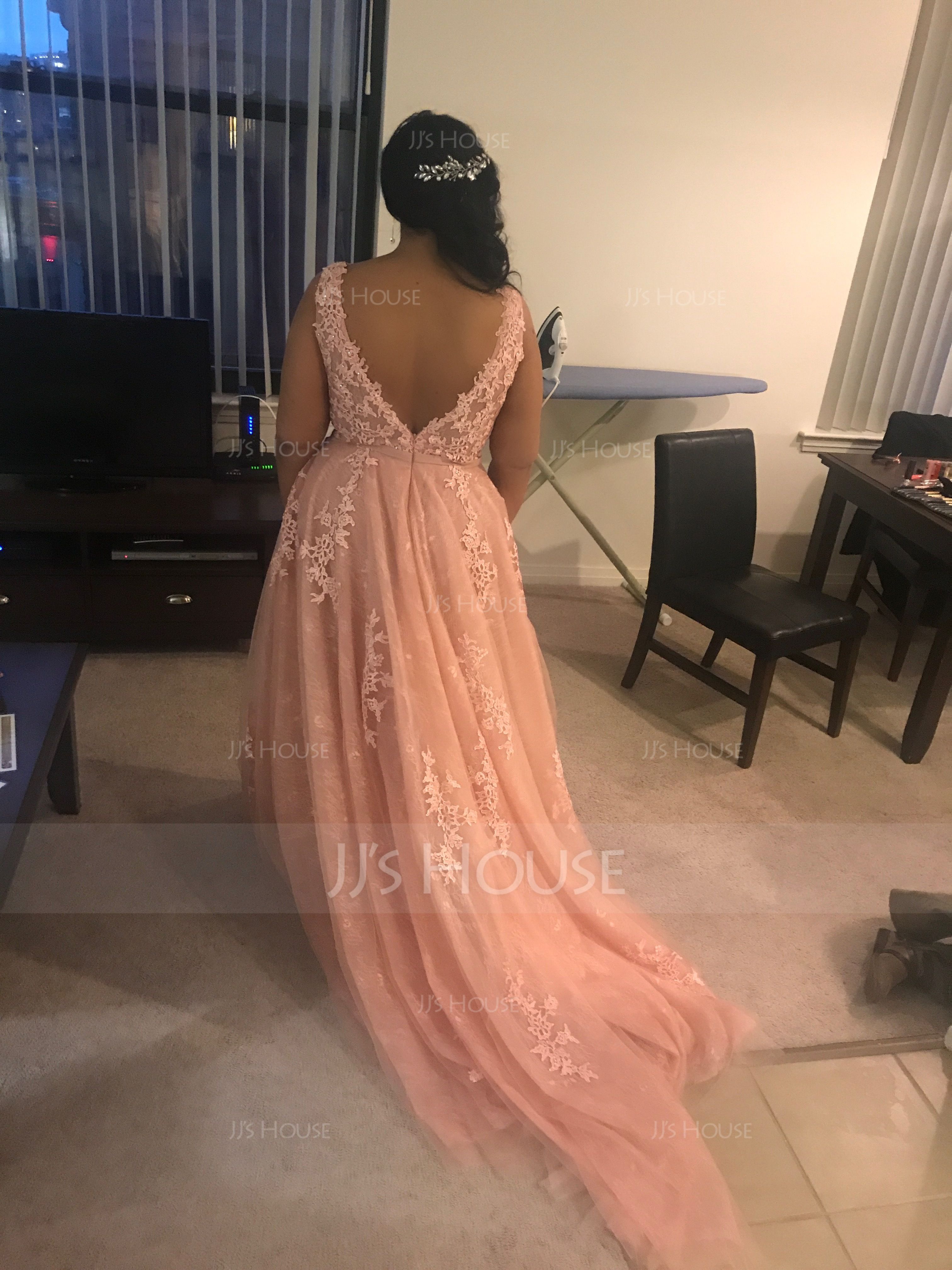 A-Line/Princess Scoop Neck Court Train Tulle Lace Evening Dress With Beading (017093495)