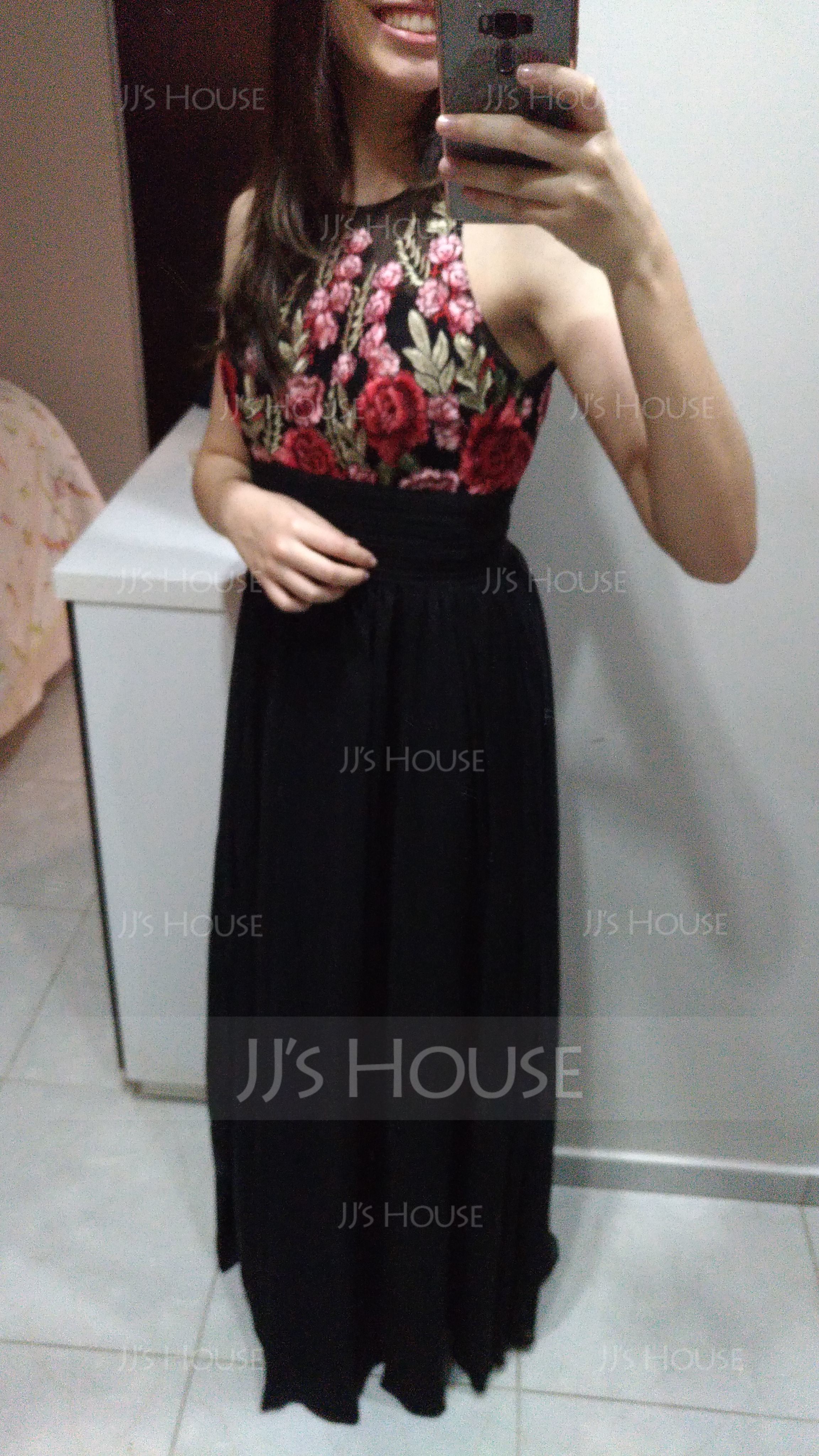 Scoop Neck Floor-Length Chiffon Evening Dress With Ruffle Split Front (271194407)