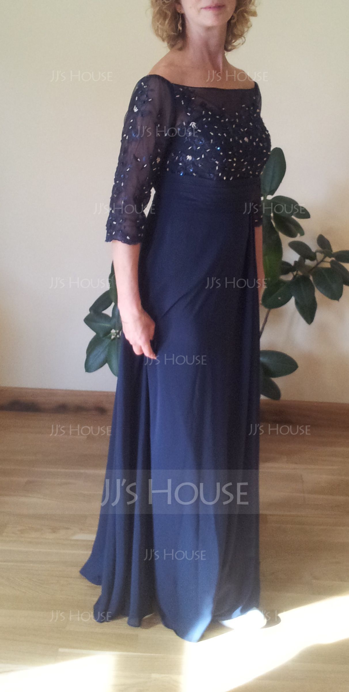 Off-the-Shoulder Floor-Length Chiffon Mother of the Bride Dress With Beading Appliques Lace Sequins (267196281)