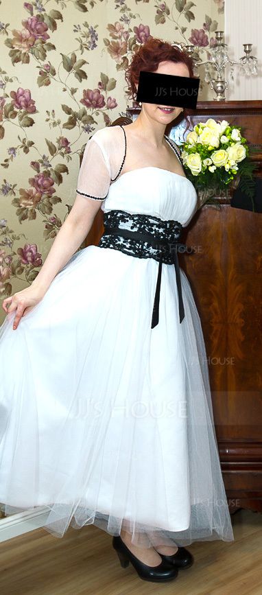 Duchesse-Linie Trägerlos Wadenlang Tüll Brautkleid mit Spitze Schleifenbänder/Stoffgürtel Perlstickerei Schleife(n) (002011609)