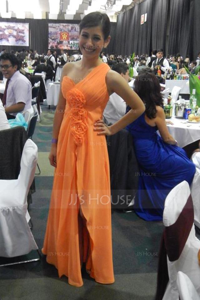 A-Line/Princess One-Shoulder Floor-Length Chiffon Holiday Dress With Ruffle Flower(s) Split Front (020036567)