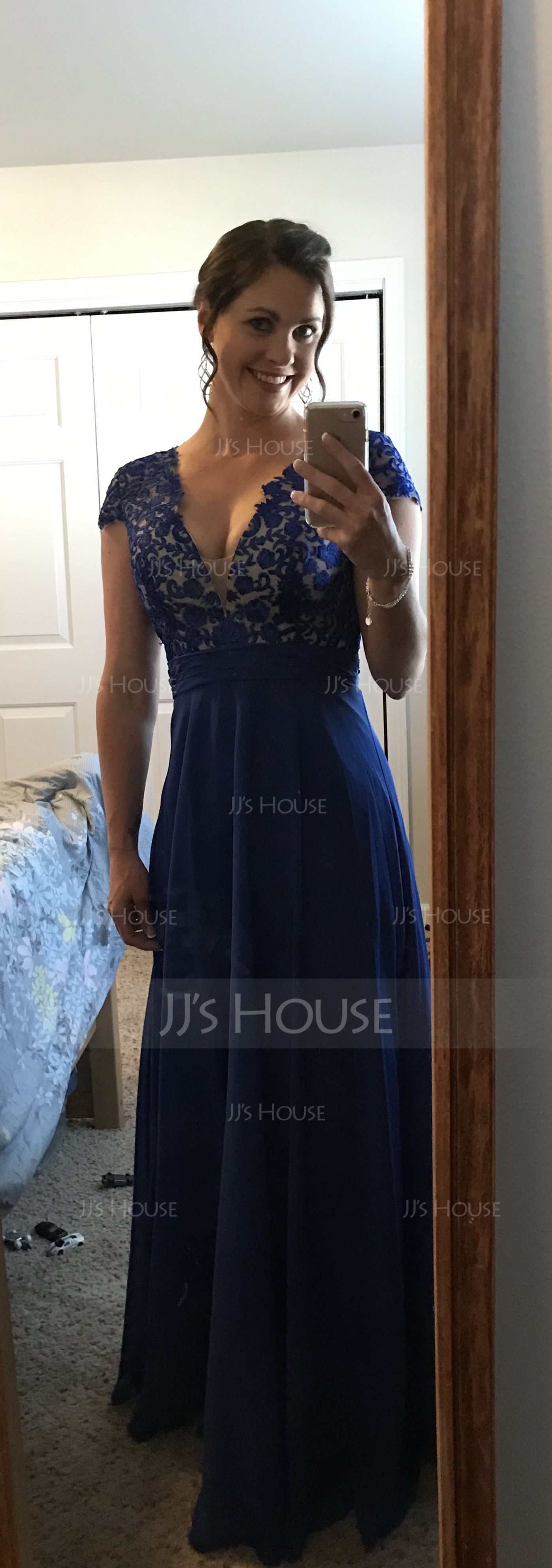A-Line V-neck Floor-Length Chiffon Evening Dress With Ruffle (017116321)