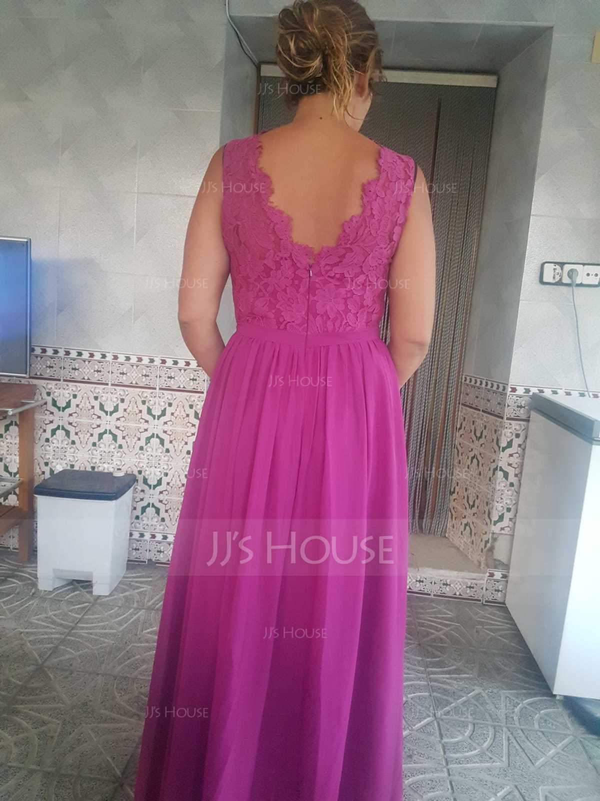 A-Line/Princess Scoop Neck Floor-Length Chiffon Lace Bridesmaid Dress With Split Front (007144746)