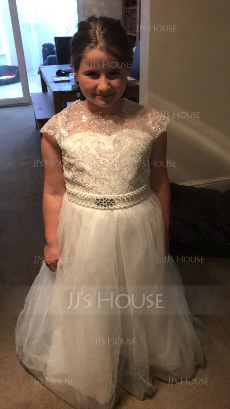 Ball Gown Sweep Train Flower Girl Dress - Satin/Tulle/Lace Sleeveless Scoop Neck With Sash/Beading/Appliques/V Back (010130847)