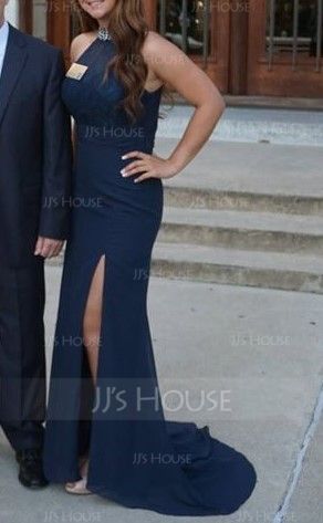 Trumpet/Mermaid High Neck Sweep Train Chiffon Lace Evening Dress With Ruffle Beading Sequins Split Front (017050424)