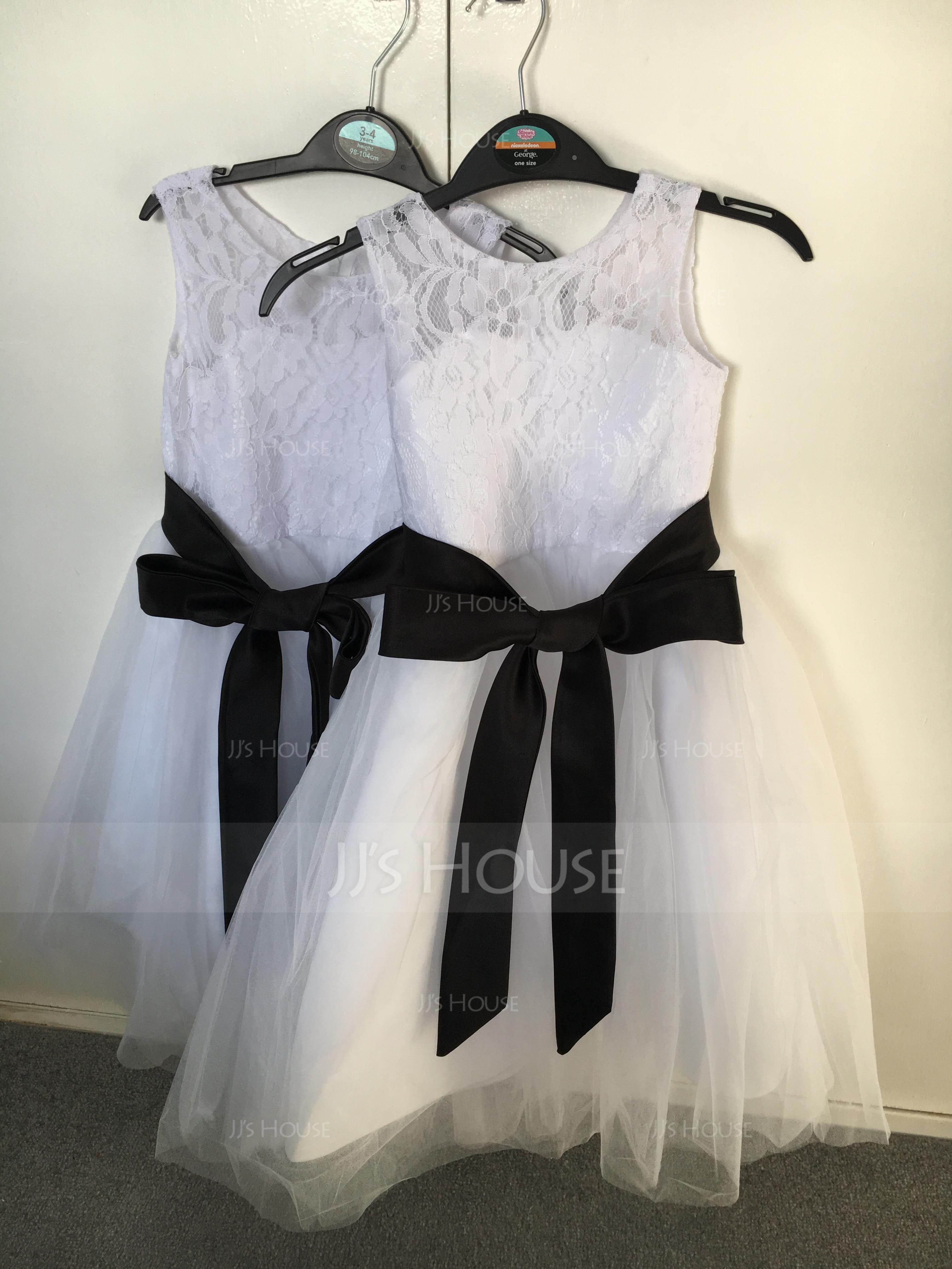 A-Line/Princess Tea-length Flower Girl Dress - Tulle/Lace Sleeveless Scoop Neck With Sash/Bow(s) (010091700)