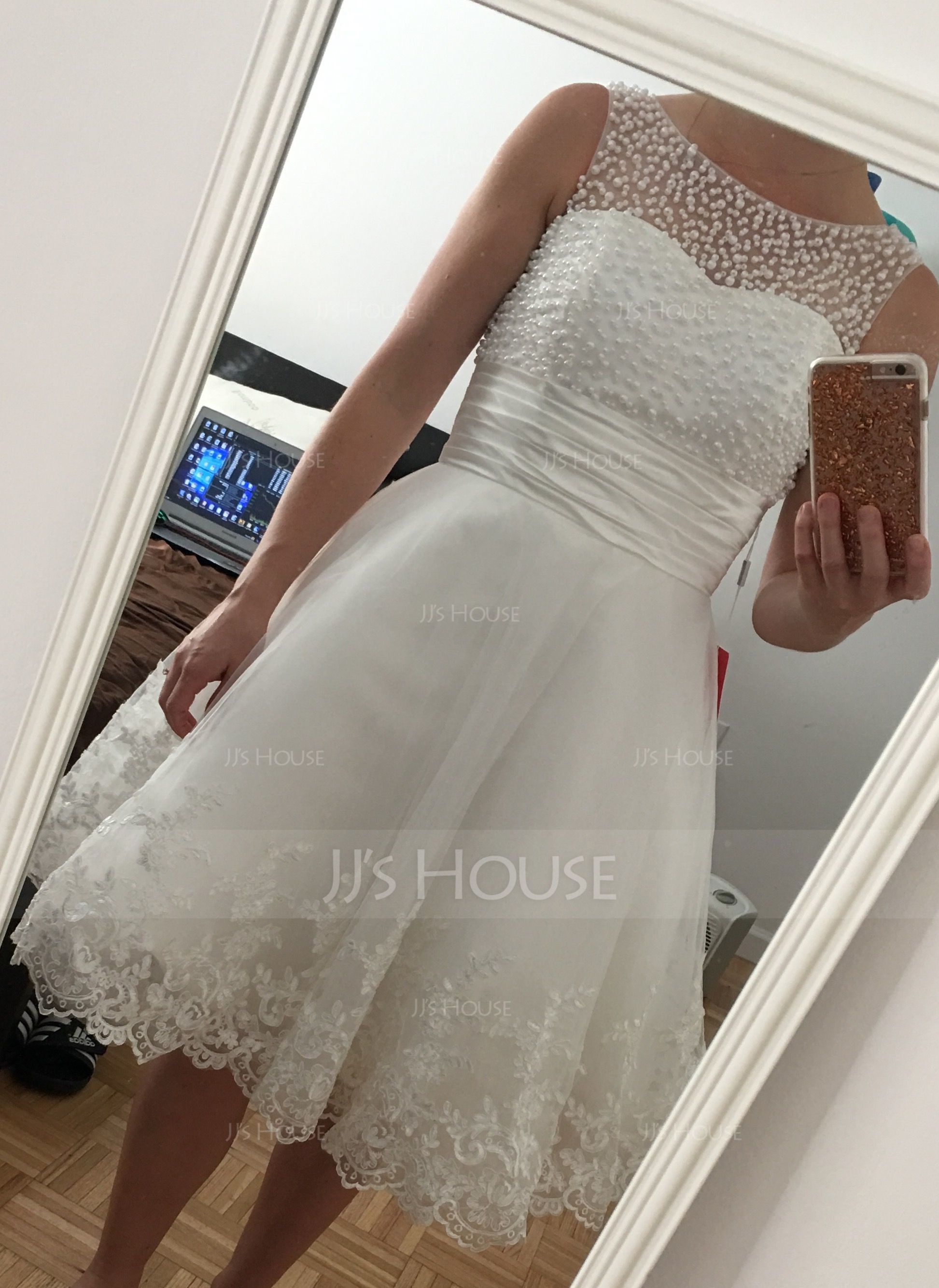 Beaded Scoop A-Line Ruffle Knee-Length Dress Mist